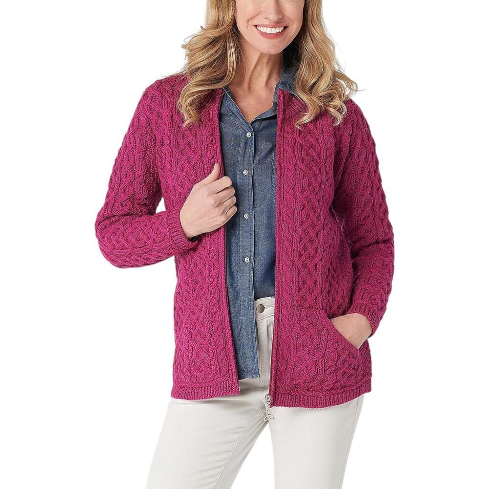 Aran Craft Merino Wool Zip-Front Cardigan Raspberry - Regular